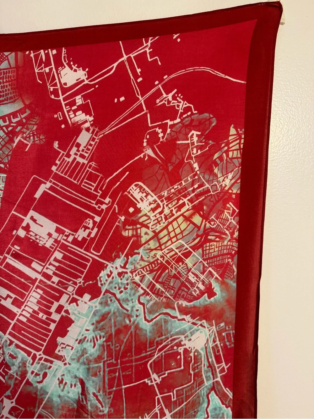 Oversized Red and Teal Abstract Map Silky Scarf.